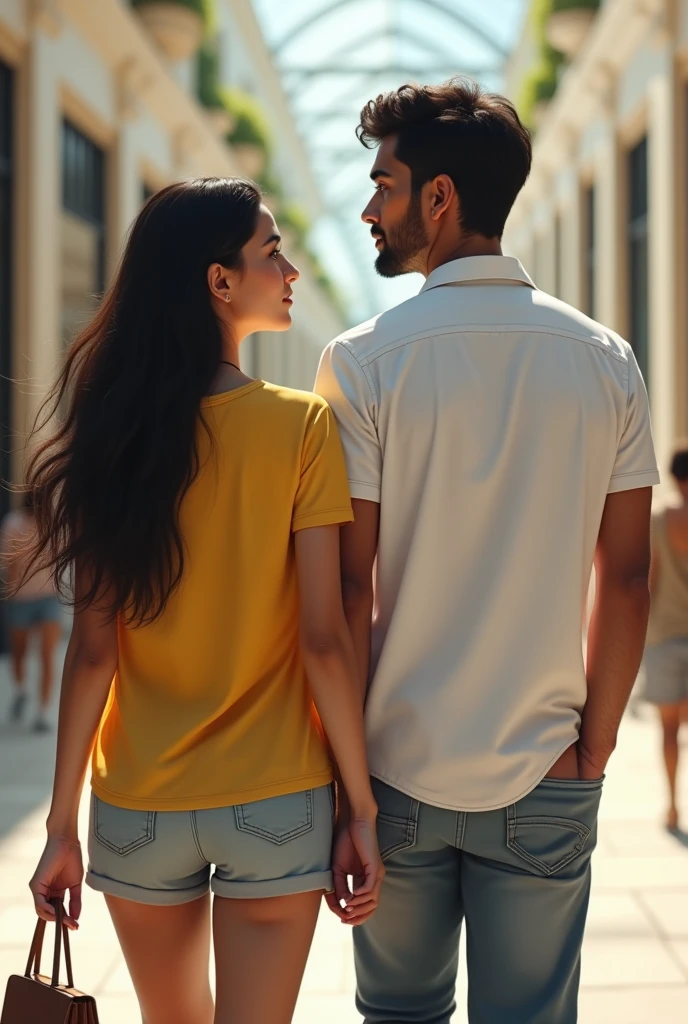 A Brazilian woman, 30 years old white, Bblack hair, walking in the mall wearing a yellow t-shirt and shots, with her husband wearing a white shirt, both in profile, showing thoughtful personality. 真实感