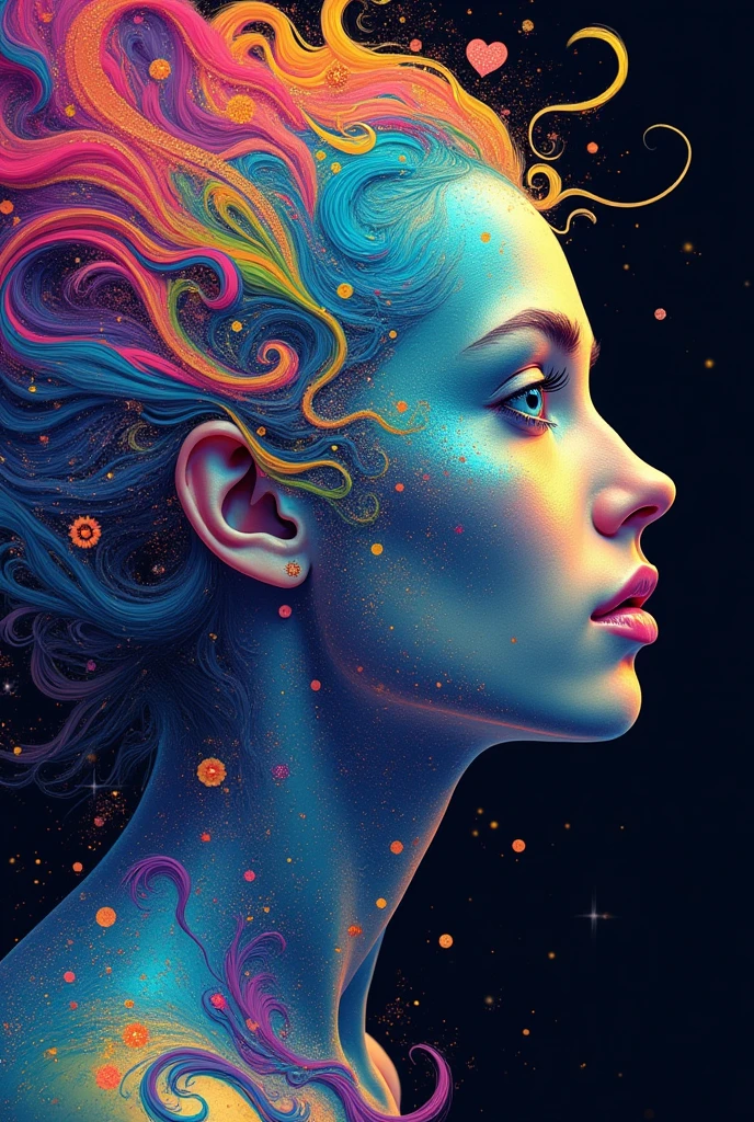 "Visualize an interpretation of the earth on one side of the face in hippie style. To capture its movement and energy in a unique way. Incorporate hippie-style colors to convey a sense of movement and excitement. Play with perspective and layering, to create a multidimensional composition, which questions traditional notions of space and form. Be inspired by the spirit of the hippie era and see nature in a fresh and innovative light.. Unleash your creativity, as you bring this imaginative scene to life on the screen