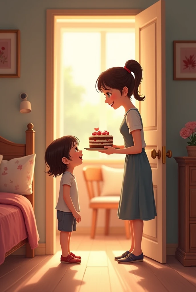 A cute is in her room when her cute mother arrives and knocks on her bedroom door.,The girl opens it and receives her mother's cake