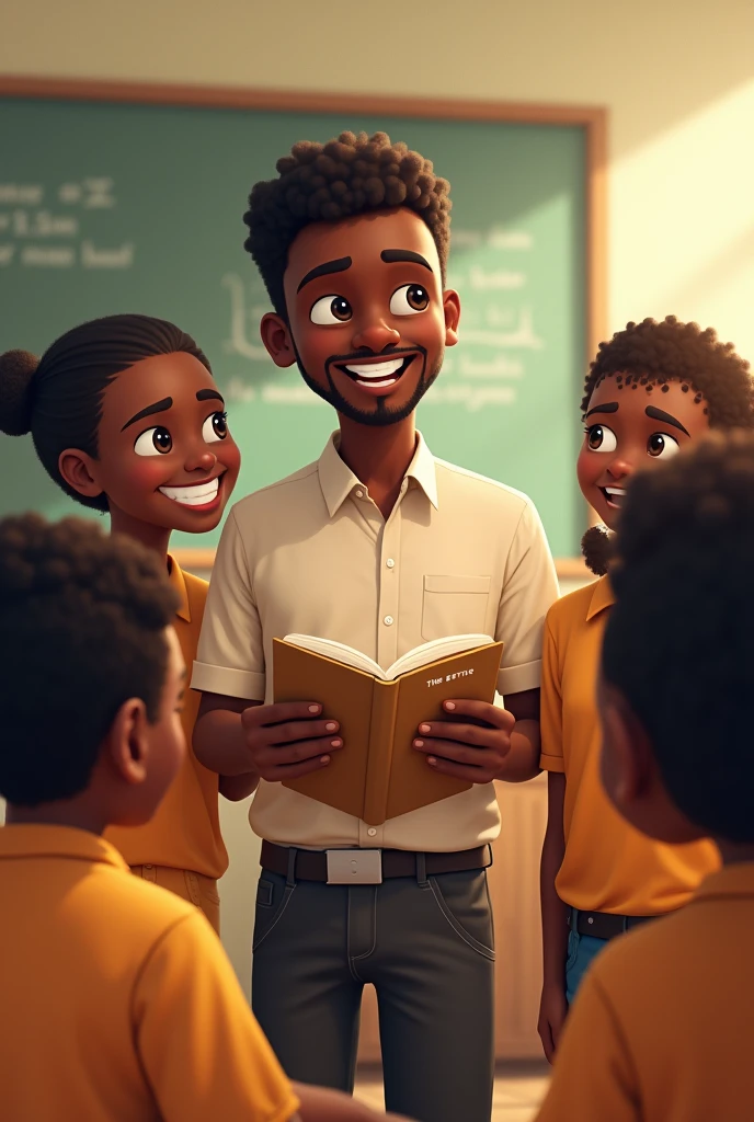 Un enseignant Africain en chemise pantalon avec ses élèves souriant avec un livre en main sur lequel est écrit THE BETTER