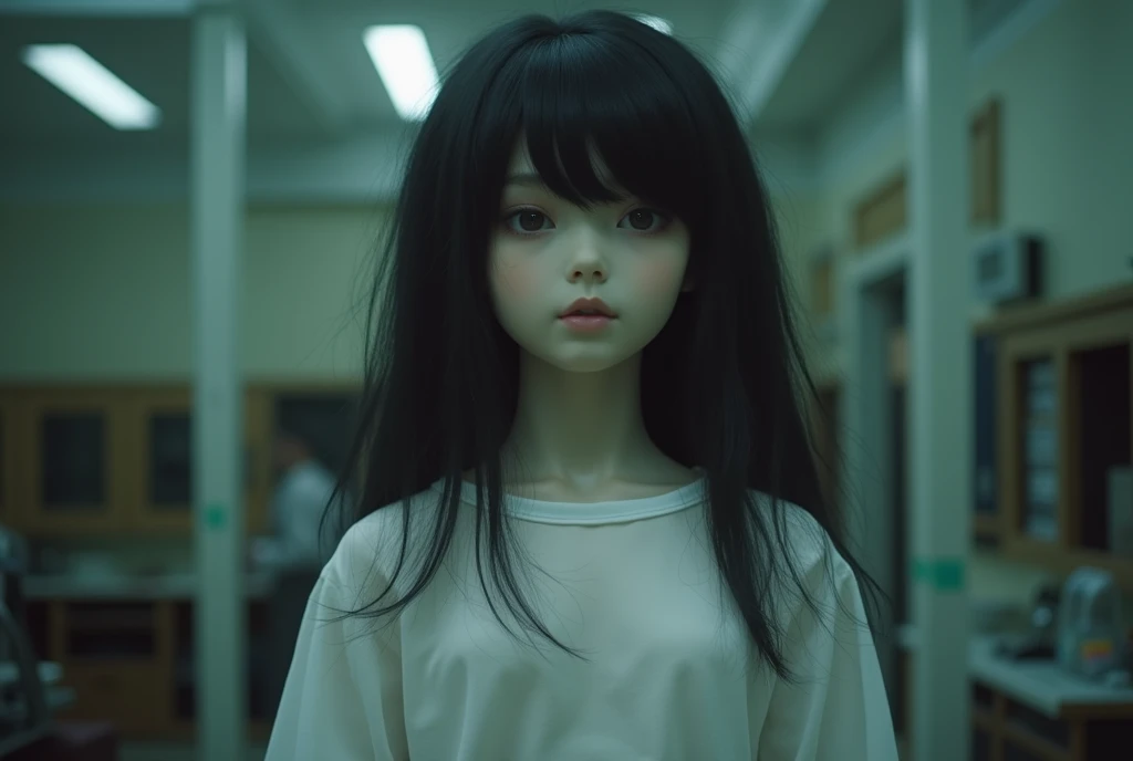 Taking pictures secretly、Hidden camera footage、Super Real、Exquisitely crafted Japanese semi-long black hair(((Stuffed Animal Girl)))、A white surgical gown made of thin, almost transparent material、Dimly lit human taxidermy studio、Abandoned Operating Room、Bloody Saw、pliers、Surgical scalpel