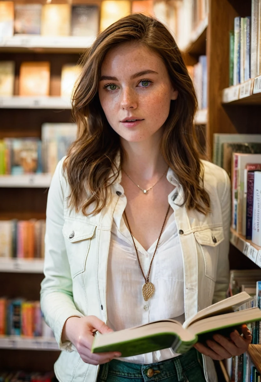 24-year-old woman, with chestnut brown hair and green eyes, is browsing through books in a quaint, softly-lit bookstore. She’s dressed in a casual yet chic outfit, with a white blouse, jeans, and her light leather jacket. Her fair skin and light freckles are gently illuminated by the warm indoor lighting. Her expression is one of focused curiosity, her silver necklace with a small pendant resting softly against her blouse as she peruses the shelves."