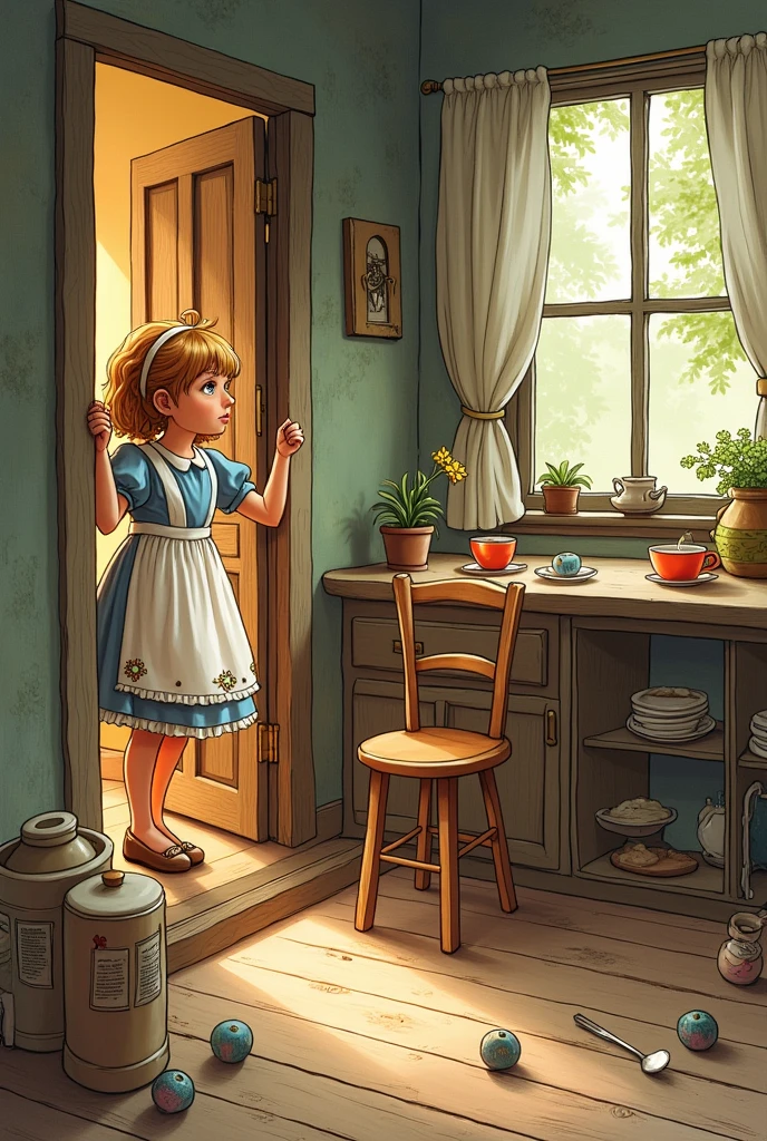 She knocked on the door of the house and looked through the window. She saw three bowls of soup on the kitchen table — but no one seemed to be home.. Then Goldilocks came in. (¡Oh, She was a naughty !)
in easy children&#39;s drawings for stories