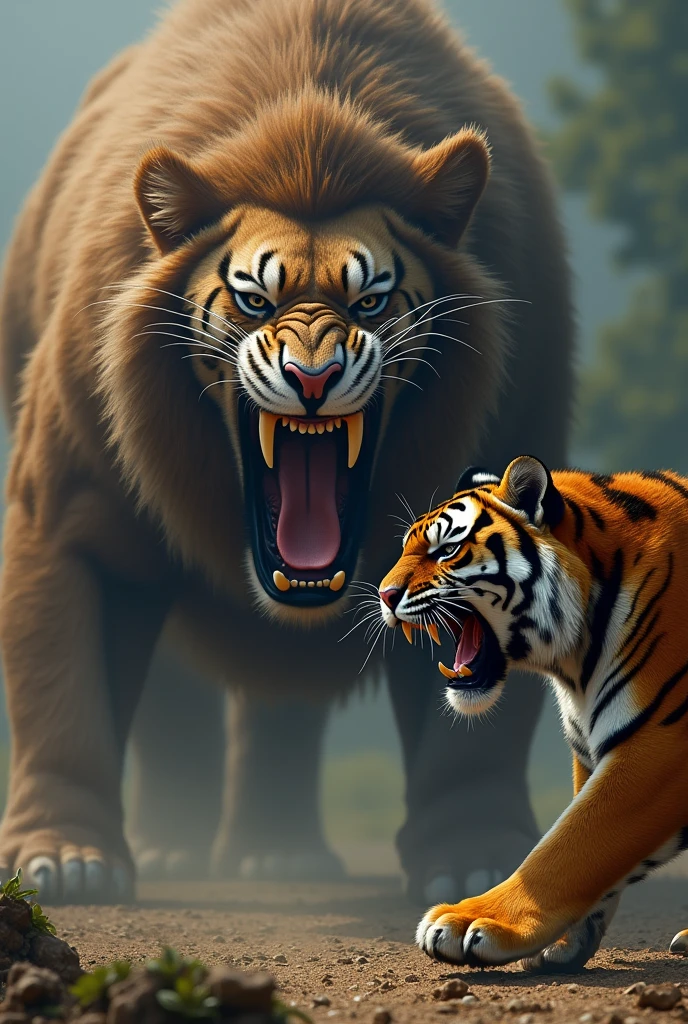 create a realistic image of a large Gigantophitecus with an angry expression on its face facing a large Bengal Tiger that is roaring and also carrying an angry expression on its face.