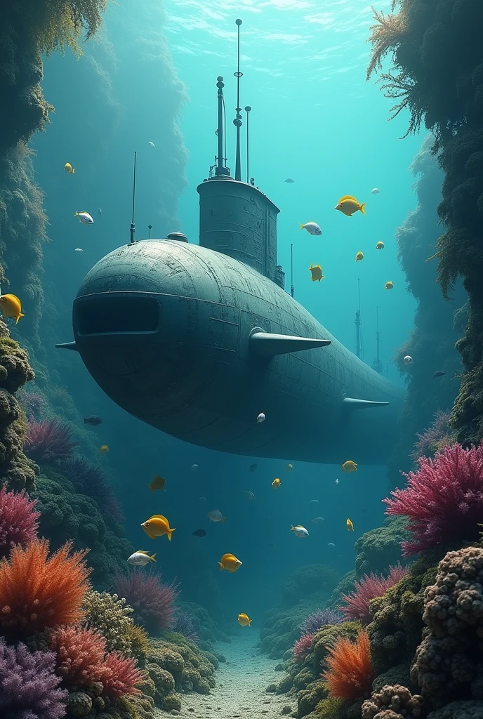cgsociety, daz3d, ps1 graphics, dystopian art, ((surrealism photo)), image of a submarine underwater with corals and fish around, extremely beautiful landscape that looks surreal,