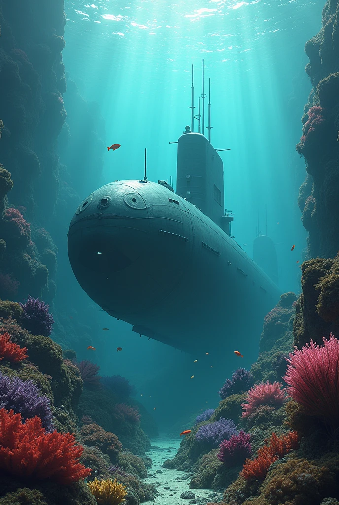 cgsociety, daz3d, ps1 graphics, dystopian art, ((surrealism photo)), image of a submarine underwater with corals and fish around, extremely beautiful landscape that looks surreal,