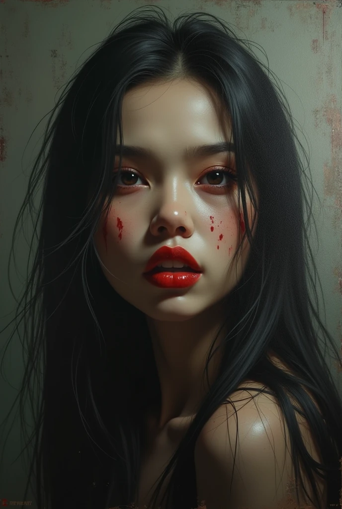 breathtaking oil painting, full body, ((best quality)), ((masterpiece)), (detailed), perfect face, asian vampire, dramatic angle, extreme angle shot, blood, ((horror)), pale skin, horroristic background, asian mystic, photorealistic oil painting, by charlie bowater, fine details, by wlop, trending on artstation, very detailed