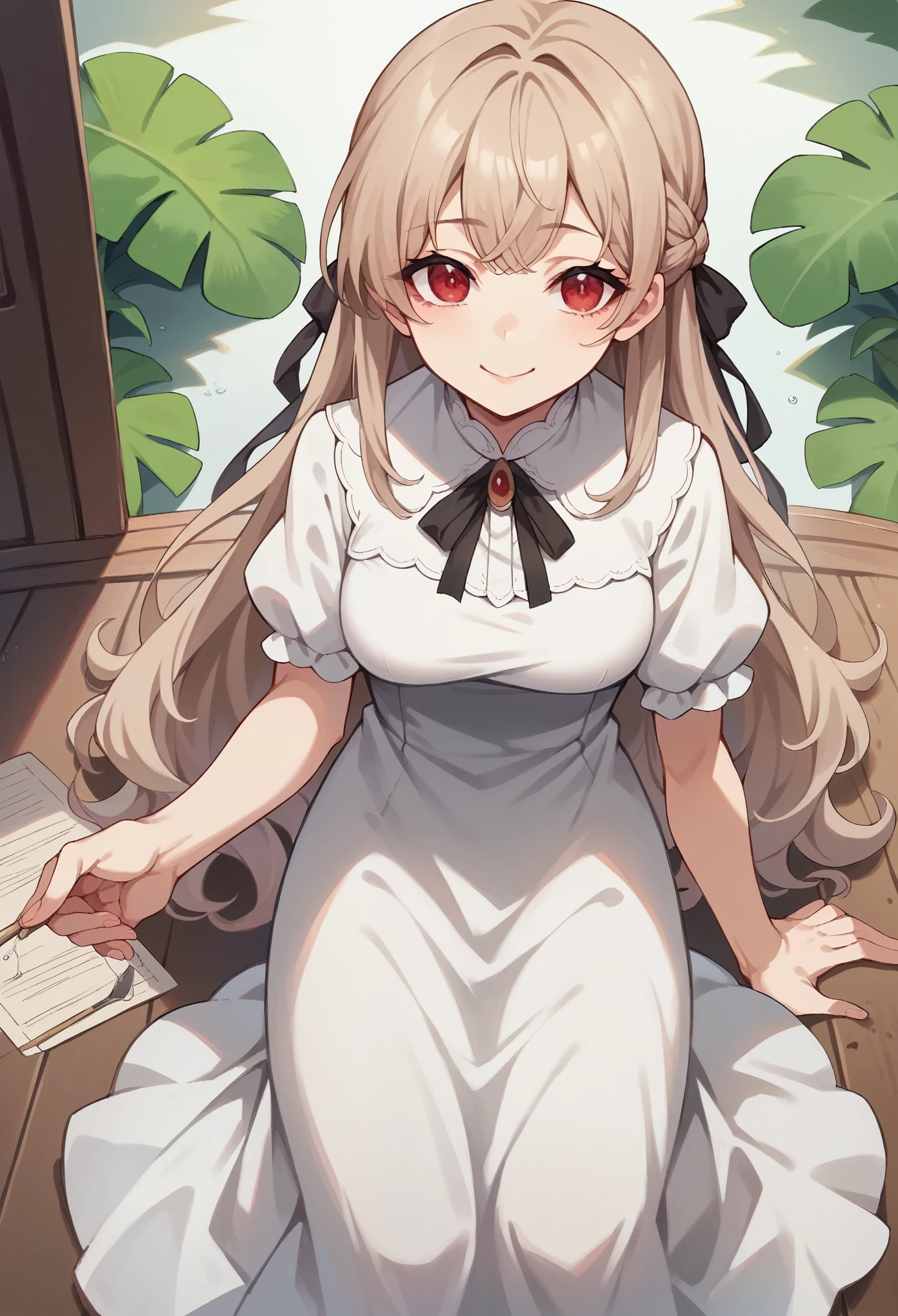 (masterpiece:1.2, Highest quality),(Anime Style),Visible from the knees to the head, 20-year-old woman,smile,Red Eyes,Beige hair,Half Up,Long Hair,Black Ribbon,Cutting bangs,White Dress,squirt
