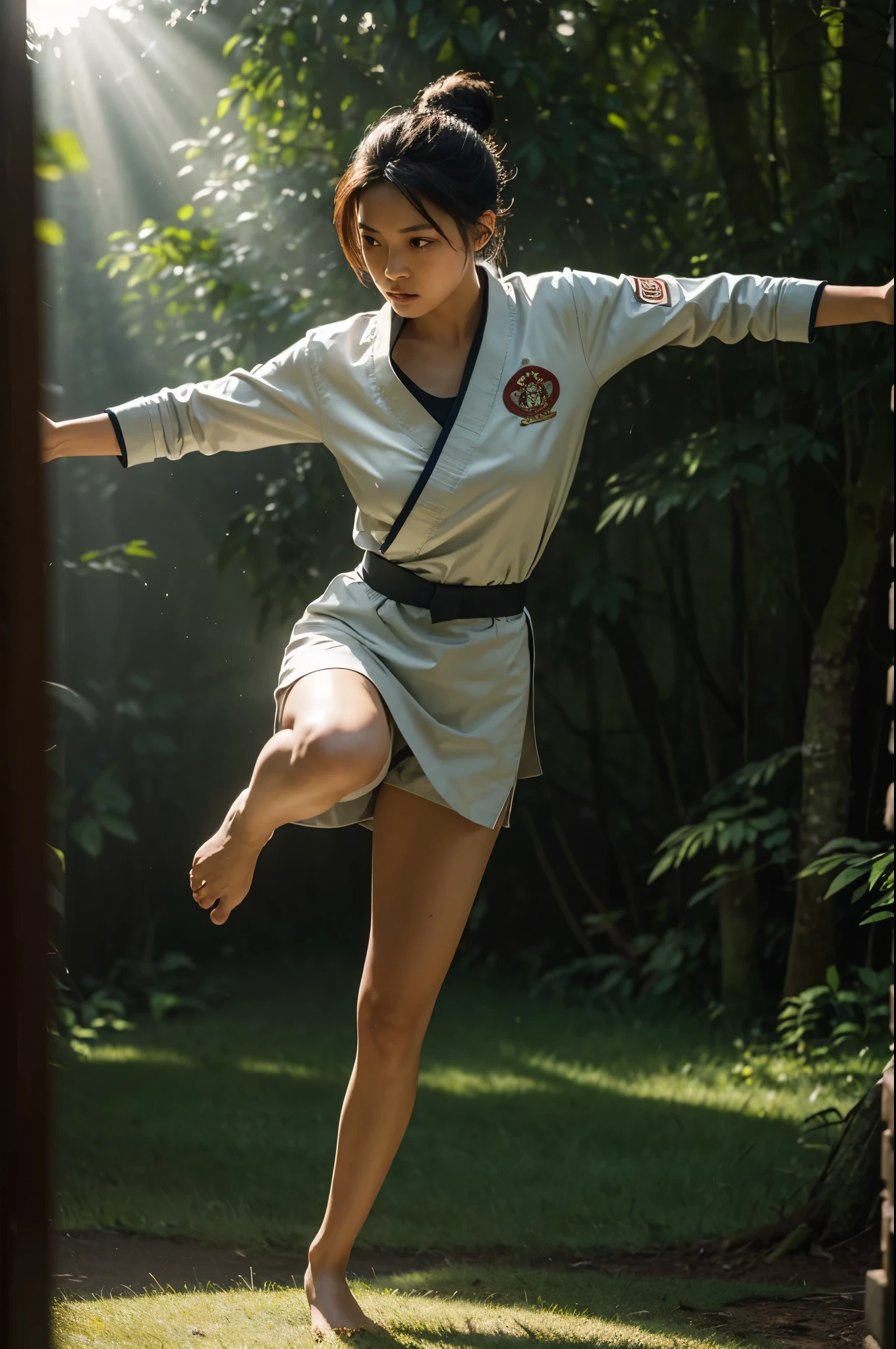 An exquisite Indonesian woman with her hair in a bun, wearing a karate uniform, captured mid-air in a dynamic kick. The scene is set in a lush green forest, with sunlight filtering through the trees, creating a Tyndall effect. The composition utilizes a Golden Ratio Composition with the camera capturing a Cinematic Shot at a Low Angle View, emphasizing her powerful motion. The lighting combines Volumetric Lighting and Two-tone lighting, enhancing the epic atmosphere. The style is Cinematic, rendered in 8K Ultra HD with Ray Tracing for a hyperrealistic finish.