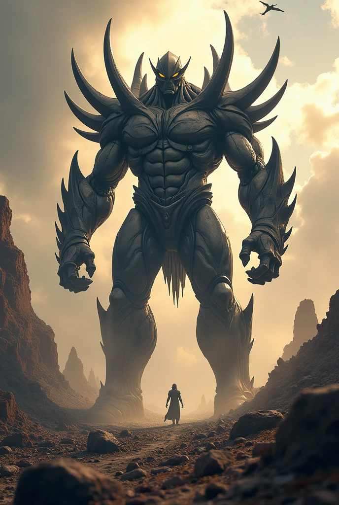 Generate a Villain that is from another planet and has super strength, let it be high, has deadly spikes on its armor, wants to conquer the land, He is almost immortal, has 4 arms and his physical appearance is similar to that of Galactus.