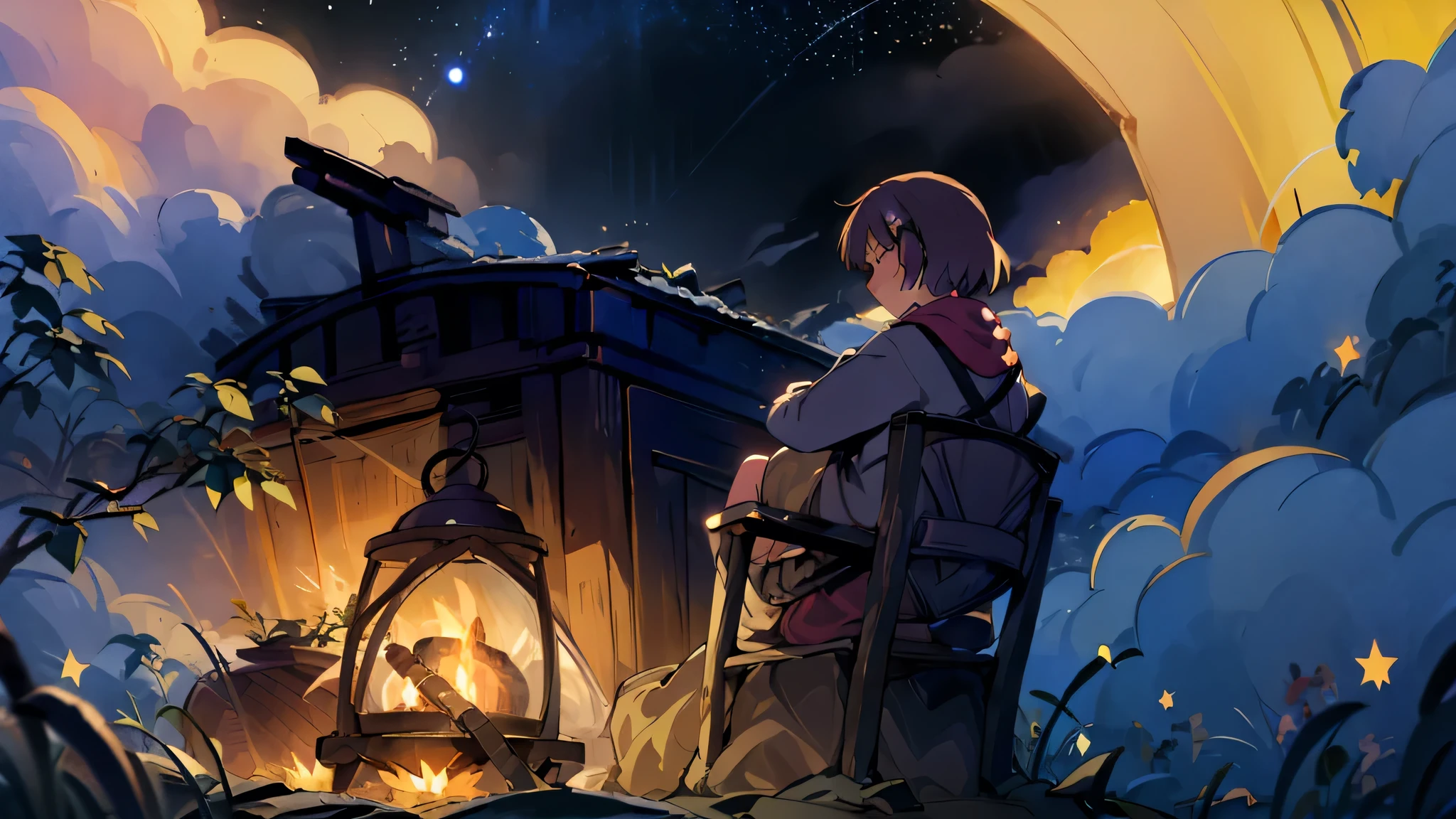 A lone traveler sits by a crackling campfire in an open pasture, their face lit by the warm flames. A crescent moon and stars shine above, with distant mountains barely visible. The peaceful medieval night blends rustic charm with the calming essence of lo-fi, inviting relaxation and reflection.