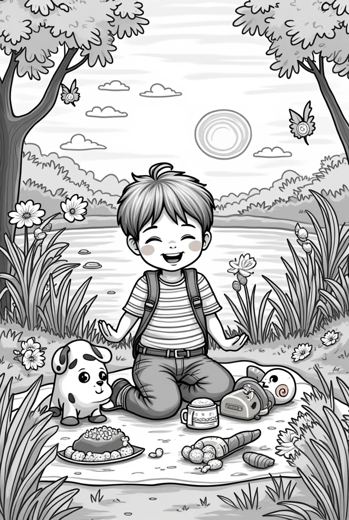 Image with black outline only, made to color, with a cutie around 12 years old, accompanied by a Nemo-style fish, and a dalmatian puppy, all very cute Bobbie Goods coloring book style, em um jardim, with sunset and a lake while having a picnic 