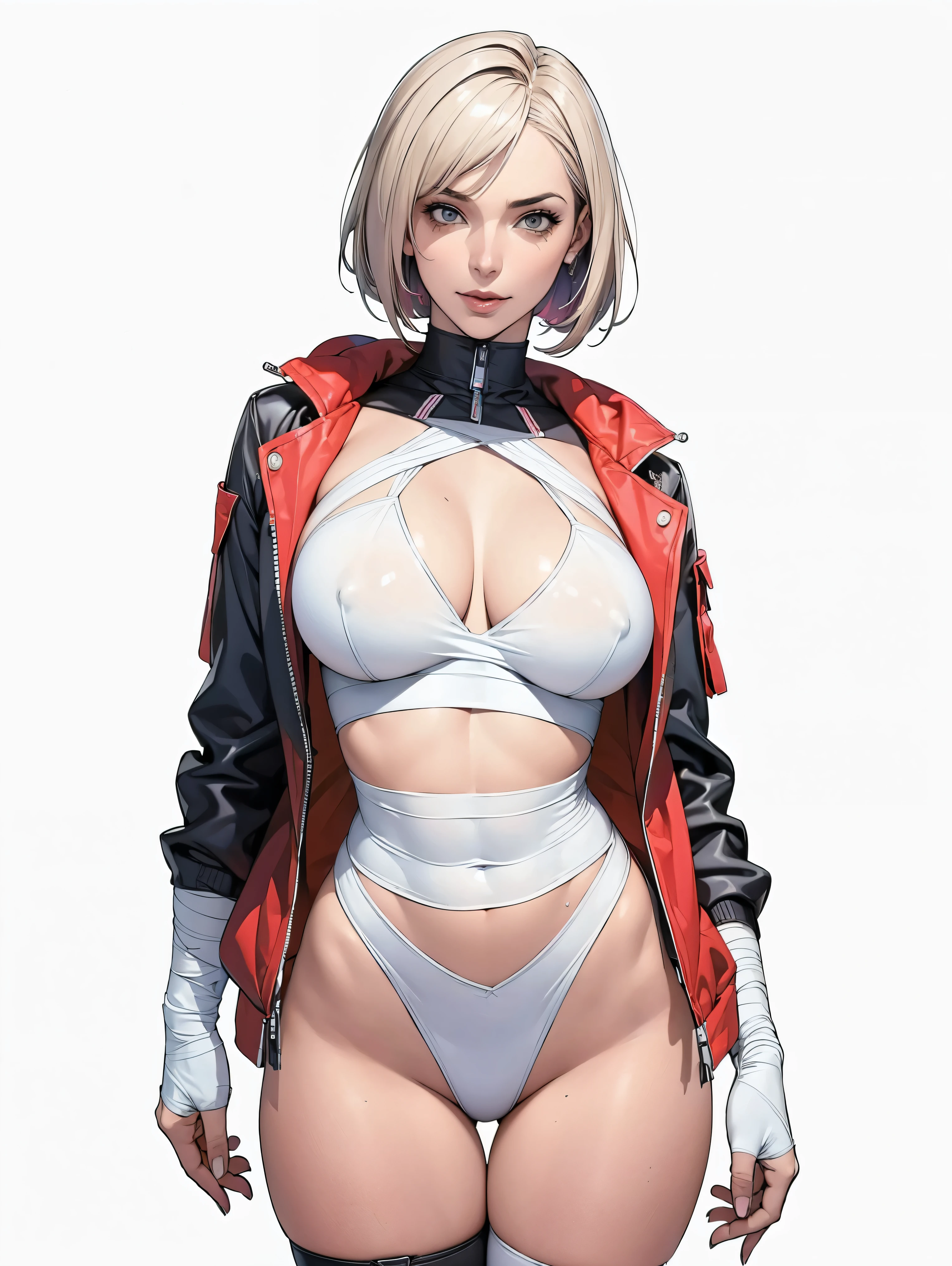 (((Annie Lennox))), (((colorful suit))), (scars), (((bandaged arms))), (((colorful clothes))) (( hood)), (((best quality: 1.4))), (Unbeatable masterpiece), (hyper HD),(CG 8k hyper-realistic), beautiful face, (((breasts big))), (((hyper feminine))), sexly girl, ((round face)), black tattoo,(ultra short red hair with white highlights)), ((( sculptural body ))), (((1 Kizi))), Kizi tatuada de 25 anos com perfect body,,Beautiful and well-groomed face, (round face), muscular body:1.2,solid color detailed jacket, (Head to thigh photos), Complex equipment, ,Tight clothes,With white stars and off-white stripes,,,,,Armor Metal Electronic Parts, Poison tattoos ) INFO, Kizi, (((standing alone))), , 24歳, sexy, pose de attitude, work of art, dancing, ((slight smile)), post-apocalypse, (((manga style))), bounty hunter, the way you want, perfect body, roupa moderna, advanced technology, white, yellow accent, black, red accent, fur collar jacket, sleeves with vertical striped pattern, background city, (( cowboy shot )). intricate visual, narrow waist, (((wide hips))), wide hips, fit thighs, (((thigh gap))), Thigh gap, background shows a futuristic airplane, open expression, expression happy