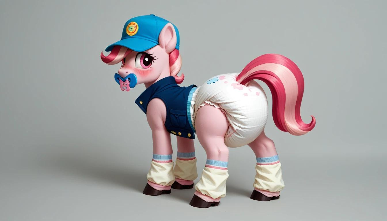 pony, бежевая земная pony, no horn, no wings, adult mare, stands on four hooves, rear hooves spread wide apart, dressed in a vest, cap and booties, pacifier in mouth, solo, thick diaper under clothes, bulge on the back of the diaper, between the hind hooves and on the front of the diaper, saggy diaper, pink blush on cheeks, Embarrassment, Awkwardness.