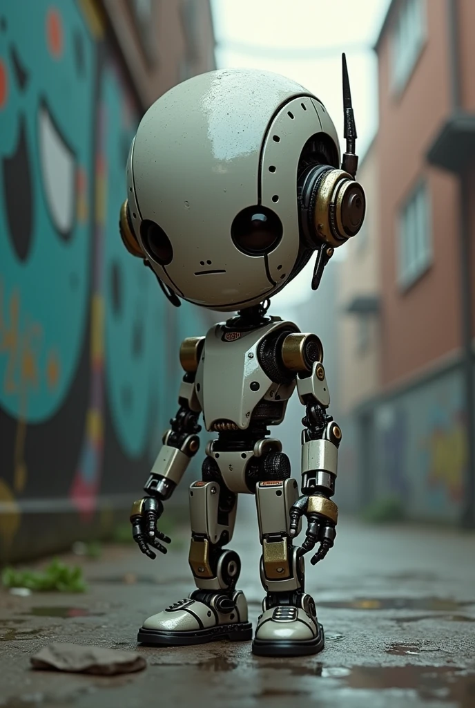 Mechanical Puppet, aesthetic, Cute, photorealistic, 8k resolution. Intricate details, HDR, beautifully shot, hyperrealistic, sharp focus,  megapixels, perfect composition, high contrast, cinematic, moody. graffiti art, splash intricate mech details, ground level shot, 8K resolution, Cinema 4D, Behance HD, polished 