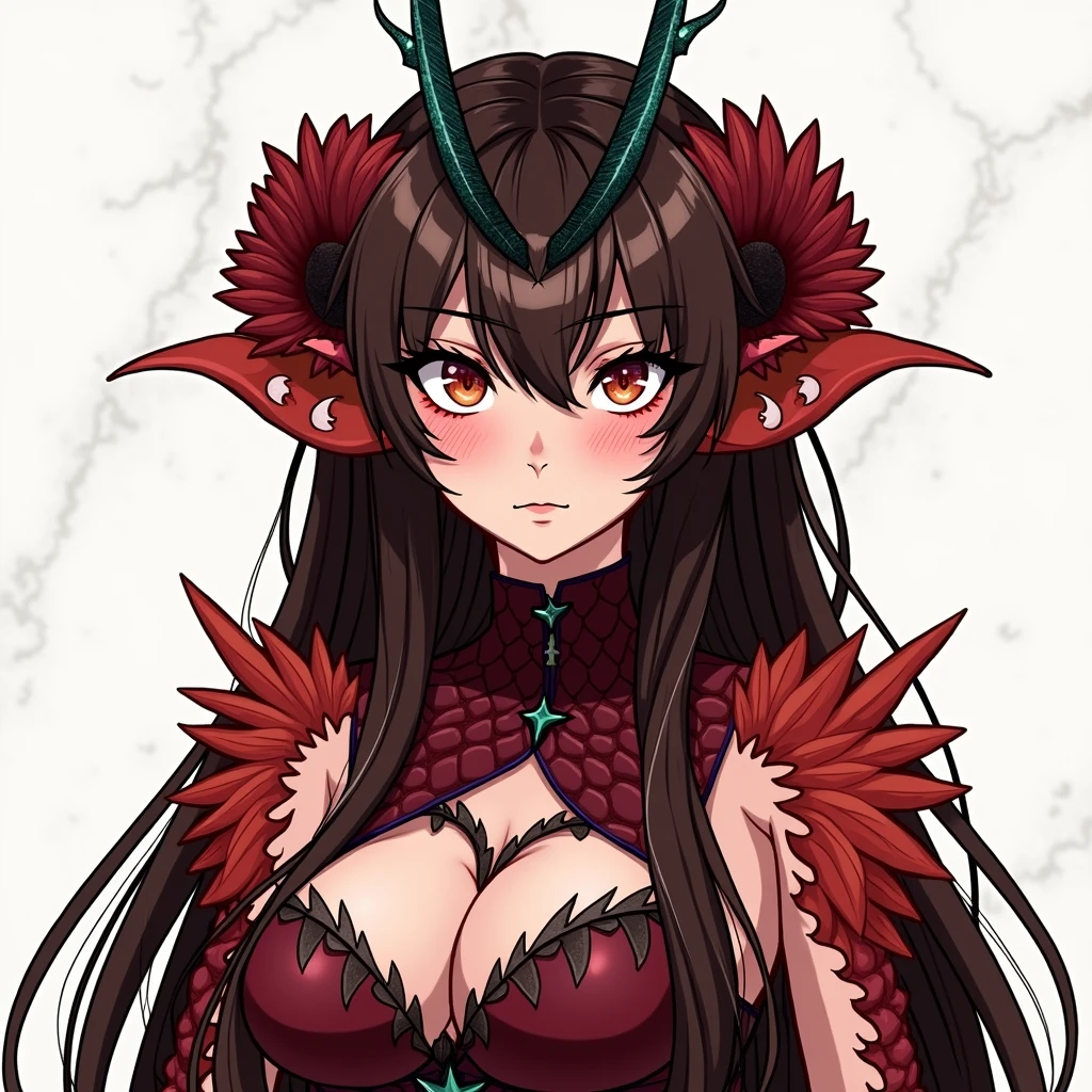 Woman with long brown hair with white streaks, turquoise and black eyes, long, shiny black and turquoise horns, His skin is scaly and wine-colored, but he has feathers on his shoulders and eyebrows that are milky white., He also has a dragon's snout, It has a tail and wings covered with feathers and scales., sitting elegantly on a chair in the middle of an empty room. Anime style and digital art.