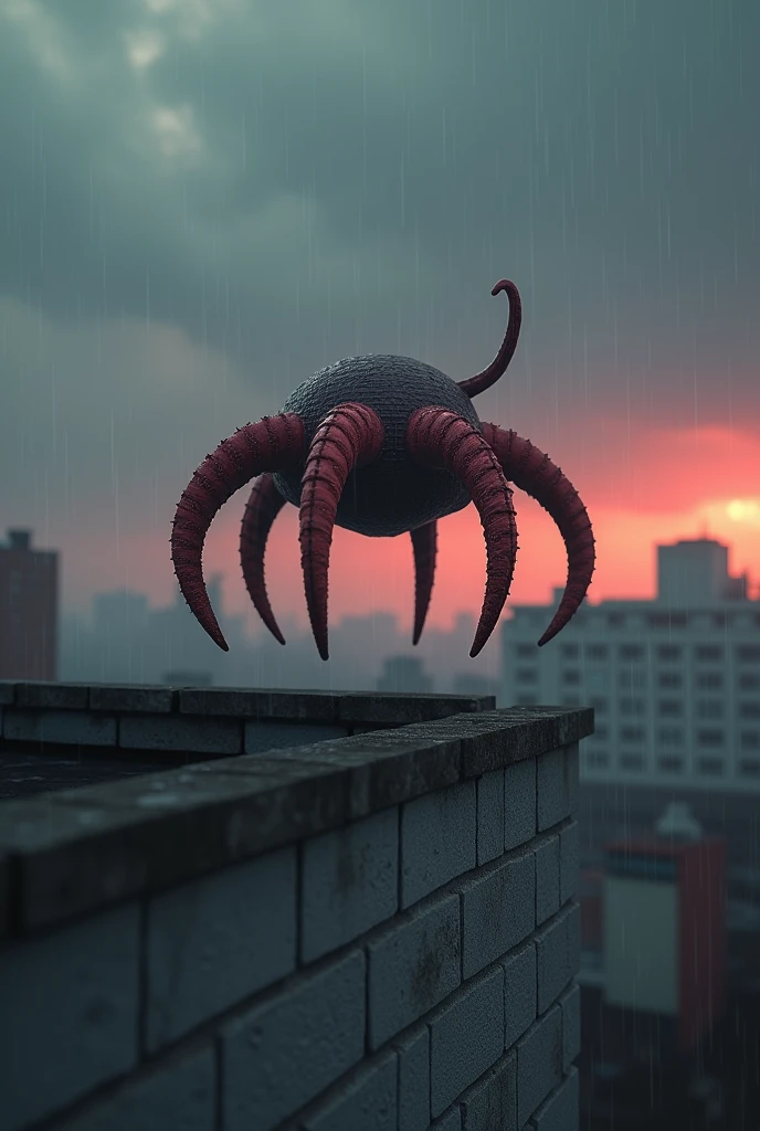 Photorealistic ufo sighting close encounter, starfish shaped small size object, with background of gray red tones rainy cloudy sky, the sky is in dusk and is a tiny rain drops in the red tones cloudy sky, the body of biological flying starfish have a five rigid arms, the object have a starfish shape, the color of the object is dark red, the object are made of biological technology shapes, with rectangular patterns, the design of the shapes in the structure of ufo are similar to a dmt psychedelic trip, the arms of ufo have a starfish texture, on the top of ufo there is a living tentacle watching to the ground, the ufo is only visible from below, all the sighting ocurred in ny roof. In my roof there is a gray brick wall, above this wall is the ufo