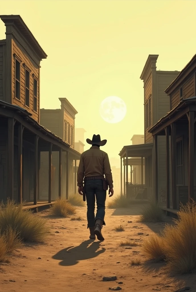 A cowboy wandering through a ghost town while whistling to himself. He is shown from the side point of view