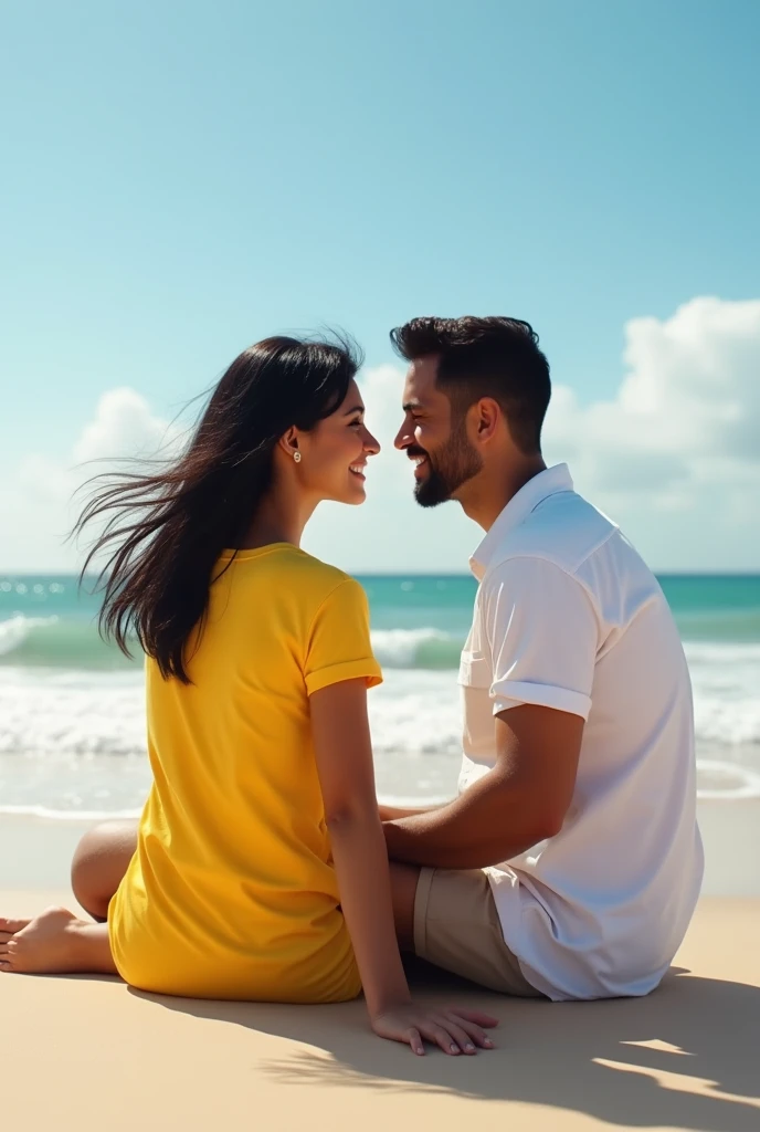 A Brazilian woman, 30 years old white, Bblack hair, sitting on the beach, wearing a yellow t-shirt and shots, with her husband wearing a white shirt, both in profile, showing cheerful personality. 真实感