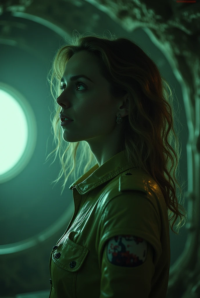 Sarah Paulson turning into an Alien 1979 movie alien, obscure, morphing horror, body horror, cinametic, scary, landscape, spaceship interior