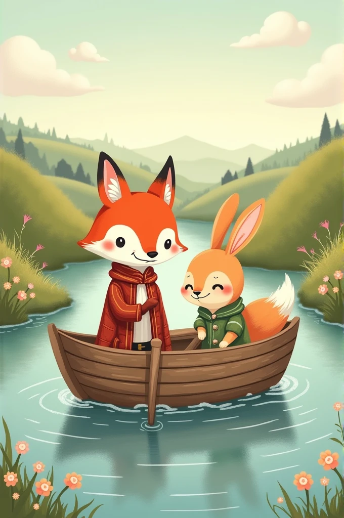 Drawing of a fox and a rabbit in a little boat, in vintage color tones