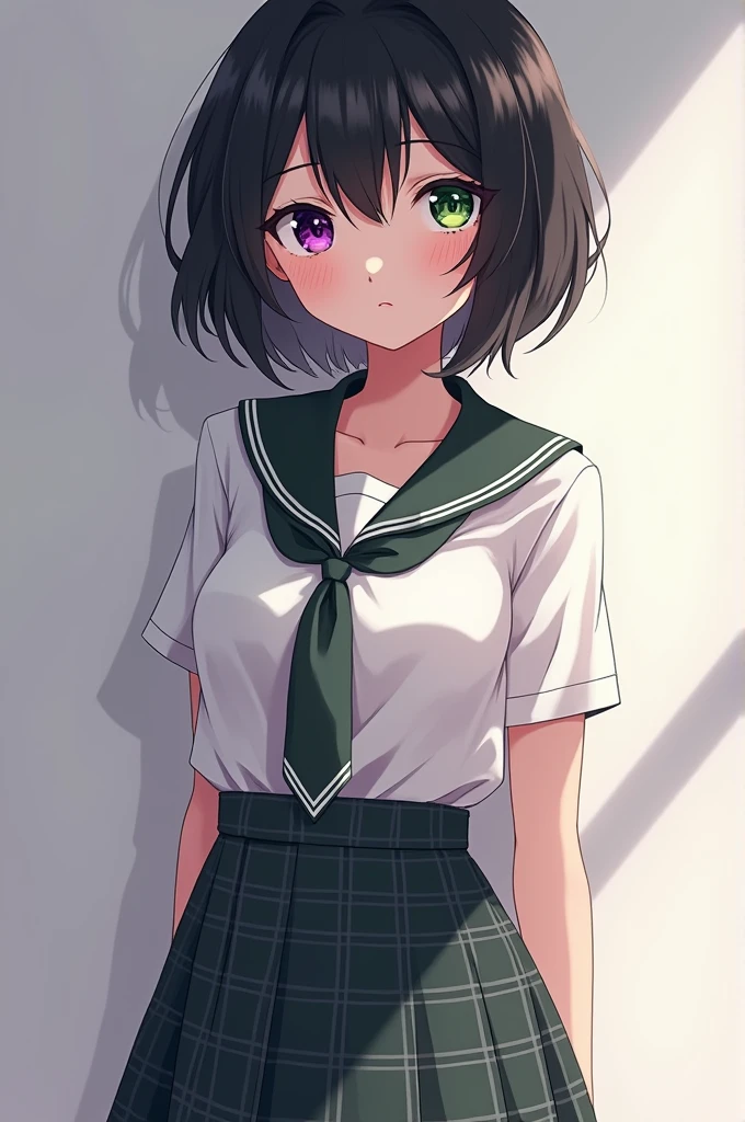 anime girl, with short black hair, eyes of different colors, with a sexy body. Dressed in school uniform.