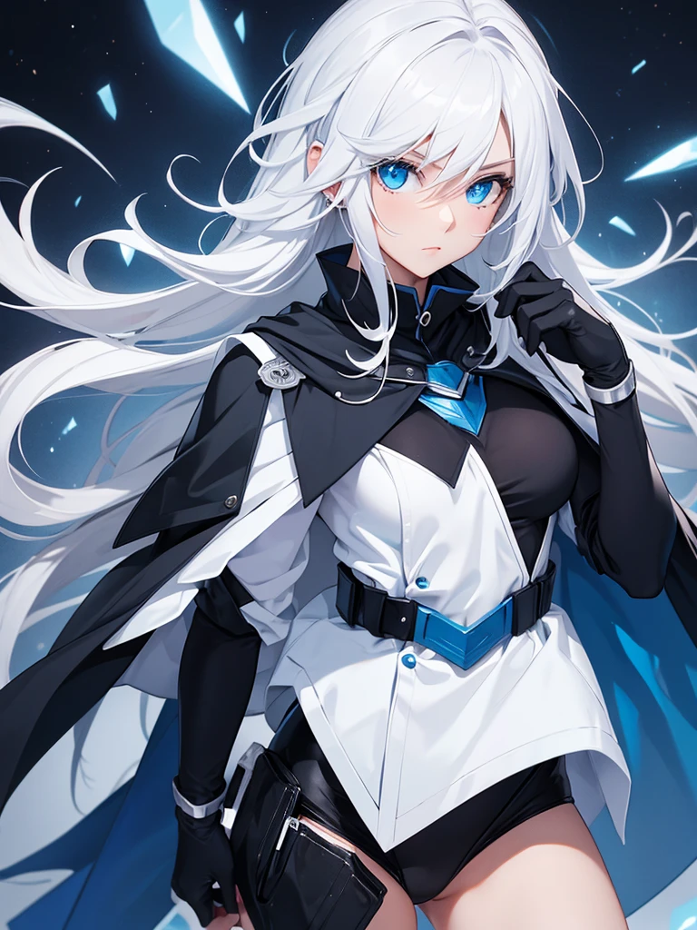Hot girl, white air, blue eyes, black hero clothes, blue glove, blue cape