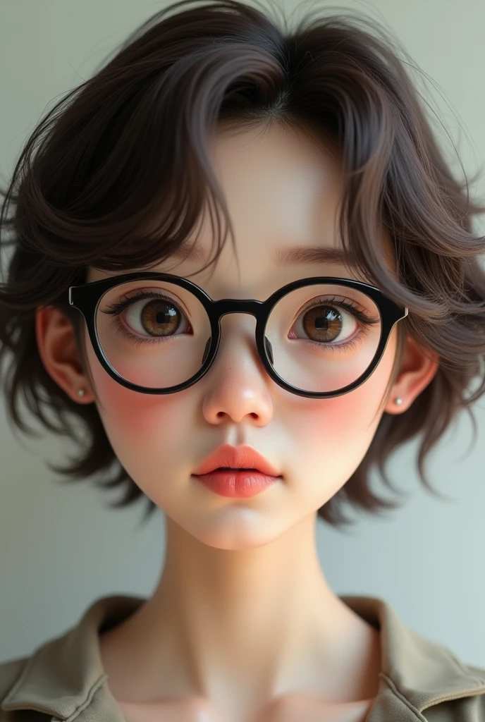 make a dwarf woman, White girl, with a little cheek, very short brown hair, big half-Chinese eyes, with glasses and obviously pretty