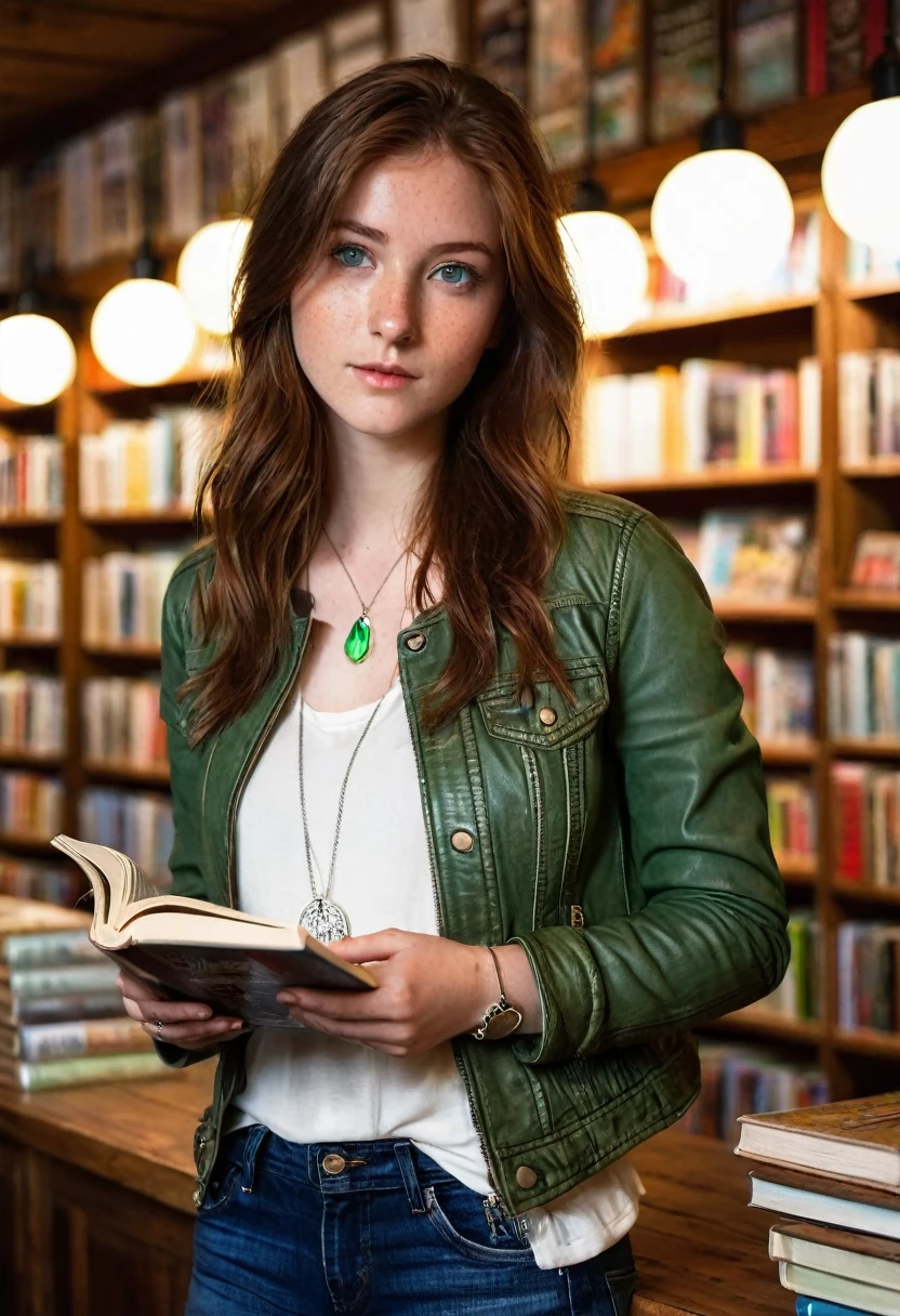 1girl, 24 years old, chestnut brown hair, green eyes, browsing books, quaint bookstore, softly-lit, casual outfit, white blouse, jeans, light leather jacket, fair skin, light freckles, warm indoor lighting, focused curiosity, silver necklace, pendant