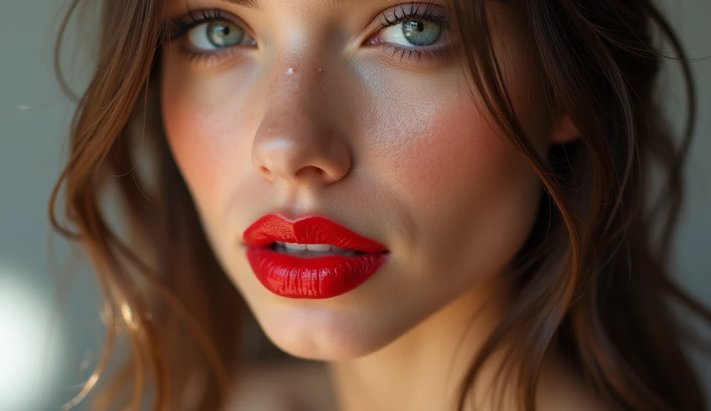 Young woman, face large big lips, Red glossy lipstick, Shine, reflection, big breasts, high detail ,ultra quality, mascara, eyelashes, drops, white top, nipples, no bra