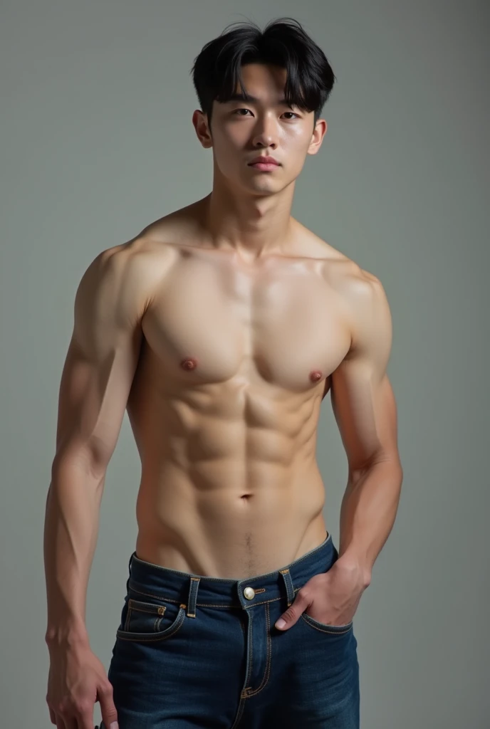 A Young Korean man , 1boy, white skin , detailed skin, 1boy, ((realistic)), abs, good lighting quality, muscle veins, ((pale skin)), footballer, (masterpiece, ultra quality, high resolution, 8k, intricate:1.2), (detailed face:1.2), handsome, , bulge, 1boy,solo, looking at viewer, balance eyes, (((from below))), , (eye contact), , shirtless, with super tight navy jeans, big bulge