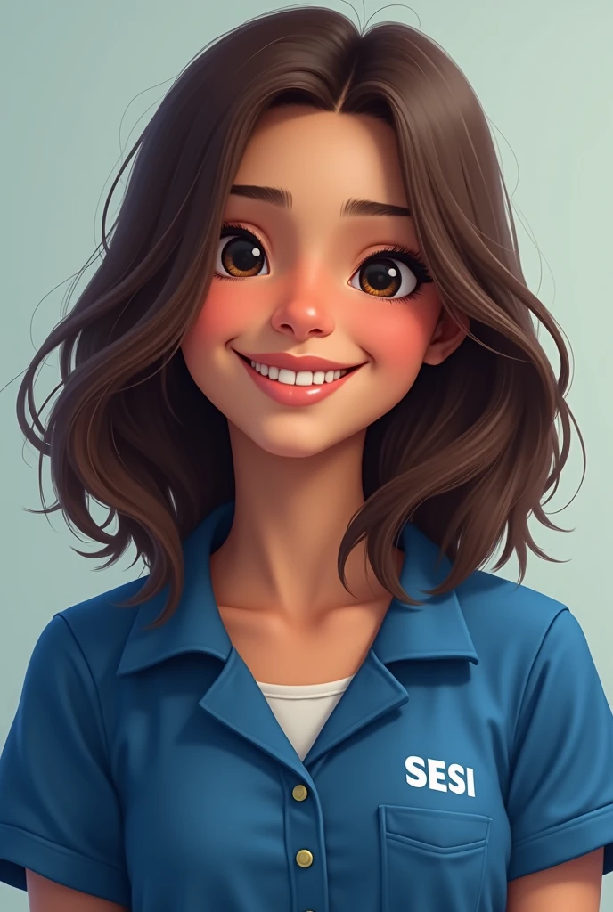 Create an image of a brunette teenager, Bblack hair, black eyes, happy face, blue uniform blouse with SESI written on the left corner, Brazilian student, realistic youthful image