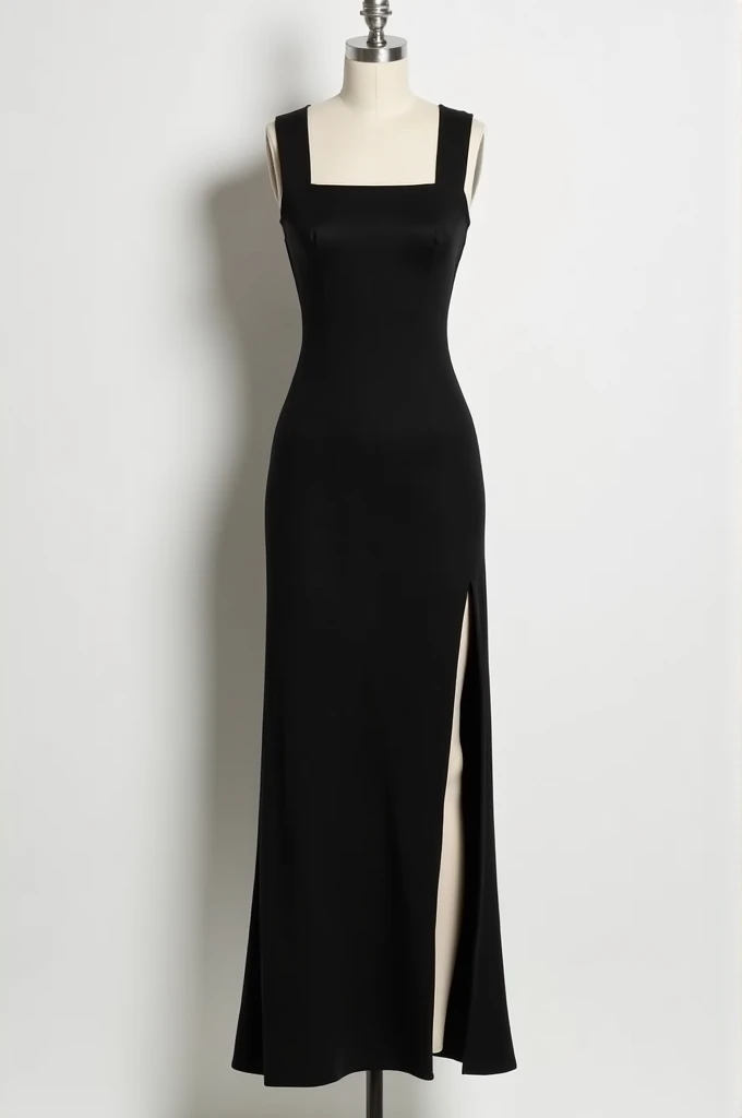 midi dress, blackw, Square neckline, fluid fabric and leg slit