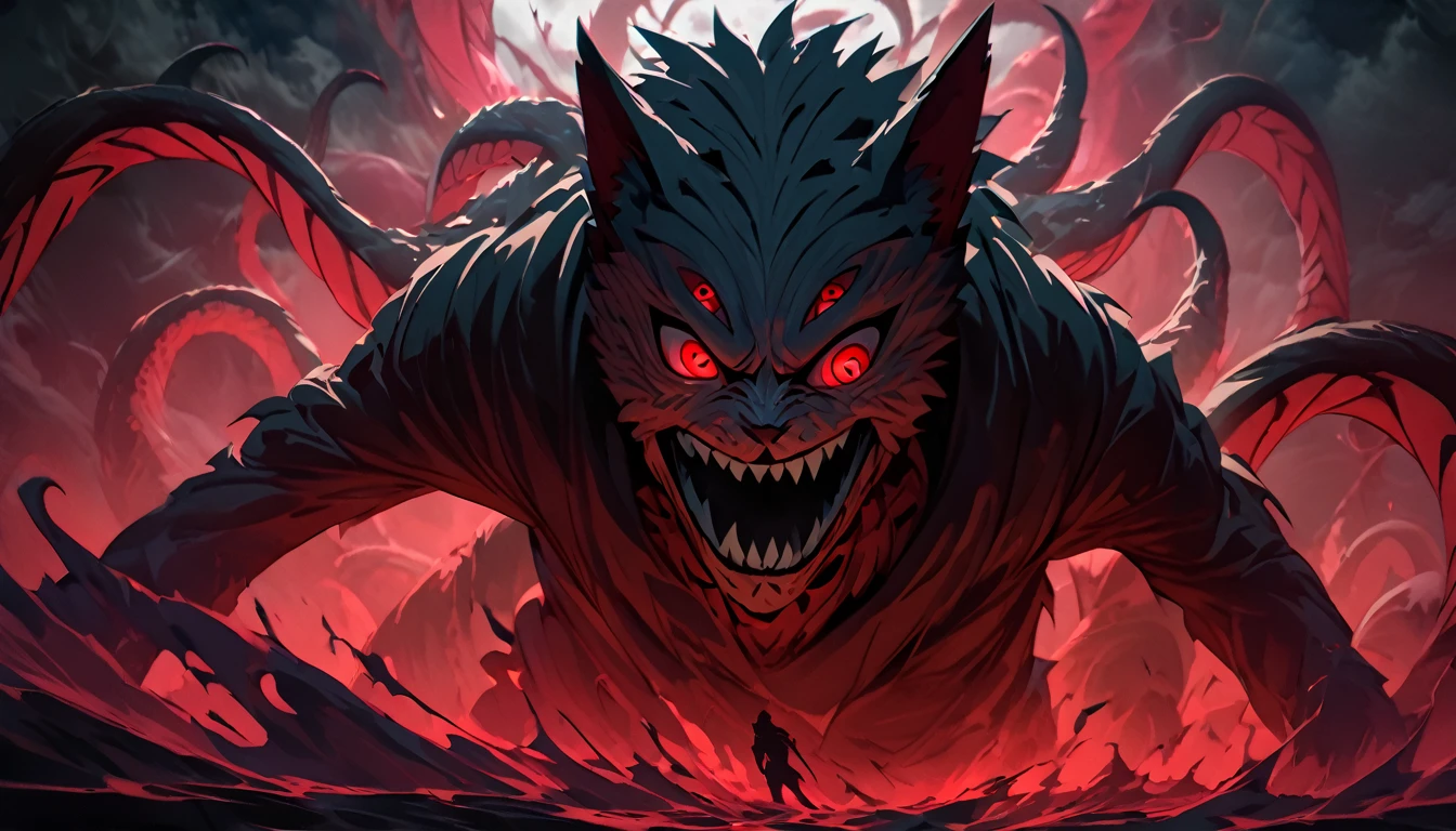 (best quality, 4K, high resolution, masterpart: 1.2), ultra detail, human naruto converting in grotrsco wolf covered in red eyes. medium: oil painting, horror, night scene, dark atmosphere, sinister shadows, glaring red eyes, powerful presence, sharp teeth, raw fur, full moonlight, ominous mood, strange silhouette, supernatural presence, dense fog, ancient runes, whispering winds, mysterious atmosphere, untameable nature, sinister energy, suspense, terrible creatures, hint of danger, grotesque transformation, unleashing chaos and power, wickedly beautiful. score_9, score_8_up, score_7_up, source_anime wolf covered in eyes, eyes, red eyes, liquid, ((extra eyes)), dynamic, spooky smile, tentacled hair with red eyes, cel shading, red theme,(no humans),de perfil