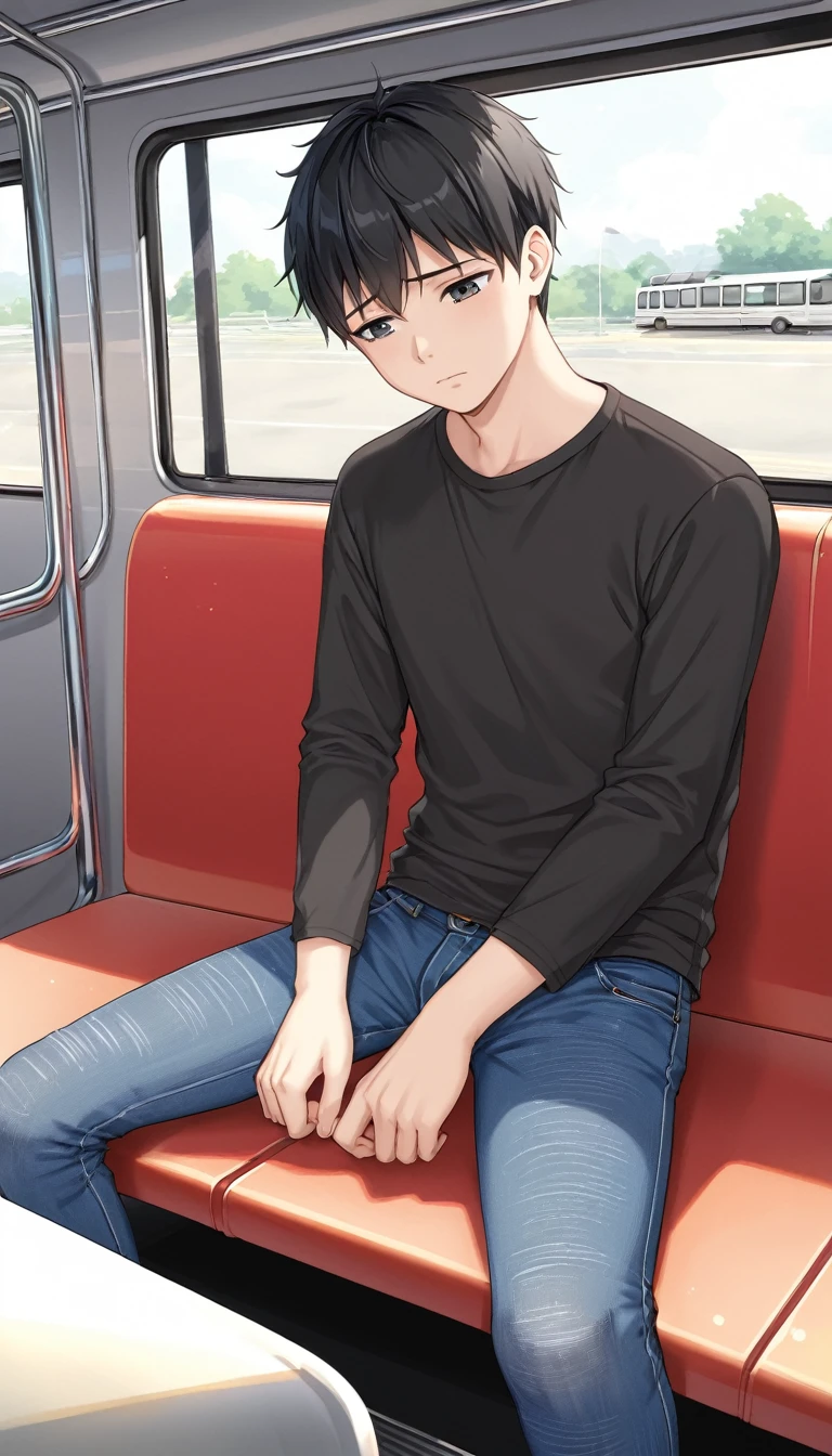 Create a 15-year-old boy in a red blouse, jeans, black hair, very sad. Sitting on a bus bench.