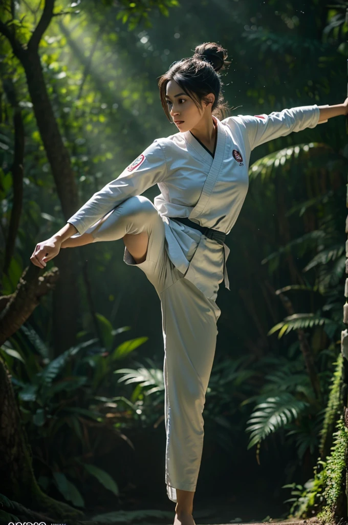 An epic cinematic shot of a gorgeous Indonesian woman with her hair in a bun, wearing a karate uniform, captured mid-air performing a high kick in a lush green forest. Utilizing Rule of Thirds Composition from a Dynamic perspective, her Determined expression is highlighted. The scene is illuminated with Cinematic Lighting featuring Volumetric Lighting and Tyndall effect. Styled in Photorealism and rendered with Unreal Engine, presented in 8k Ultra HD resolution.