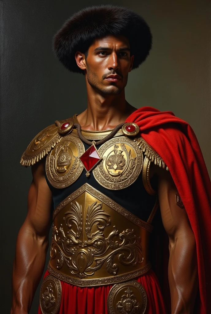 {{Masterpiece, best quality, oil painting by Moebius, by Franz von Stuck, male focus}}, the composition is: ((((dramatic portrait of a 25 year old ancient Roman guard, bronze skin, magnificent, wearing a Russian fur hat, a red diamond shape pendant)))). (((((He is wearing a lorica ancient Roman uniform made of velvet and alligator leather with ronin elements, ancient Roman elements, wearing a sash, wearing hellenistic medals))))).