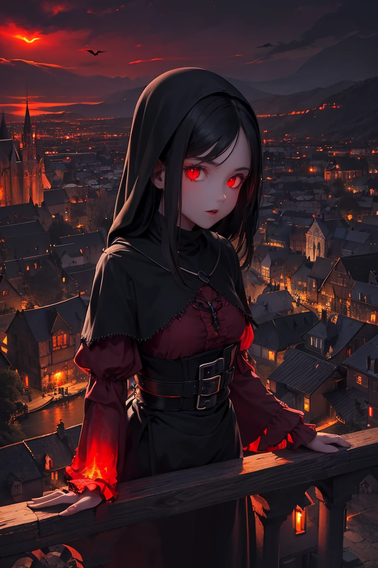 old European village shot with bird view, (Red glowing eyes), masterpiece, Depth of written boundary, Lutz, Gwaites style artwork, Gothic aesthetics, Dark Vampire village, ((in the dark gothic style cathle:1)), ((dark mid-night time:1.5)),