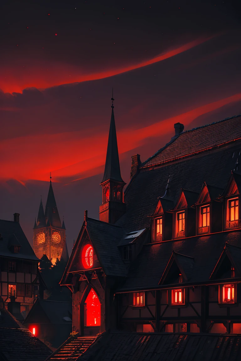 old European village shot with bird view, (Red glowing eyes), masterpiece, Depth of written boundary, Lutz, Gwaites style artwork, Gothic aesthetics, Dark Vampire village, ((in the dark gothic style cathle:1)), ((dark mid-night time:1.5)),