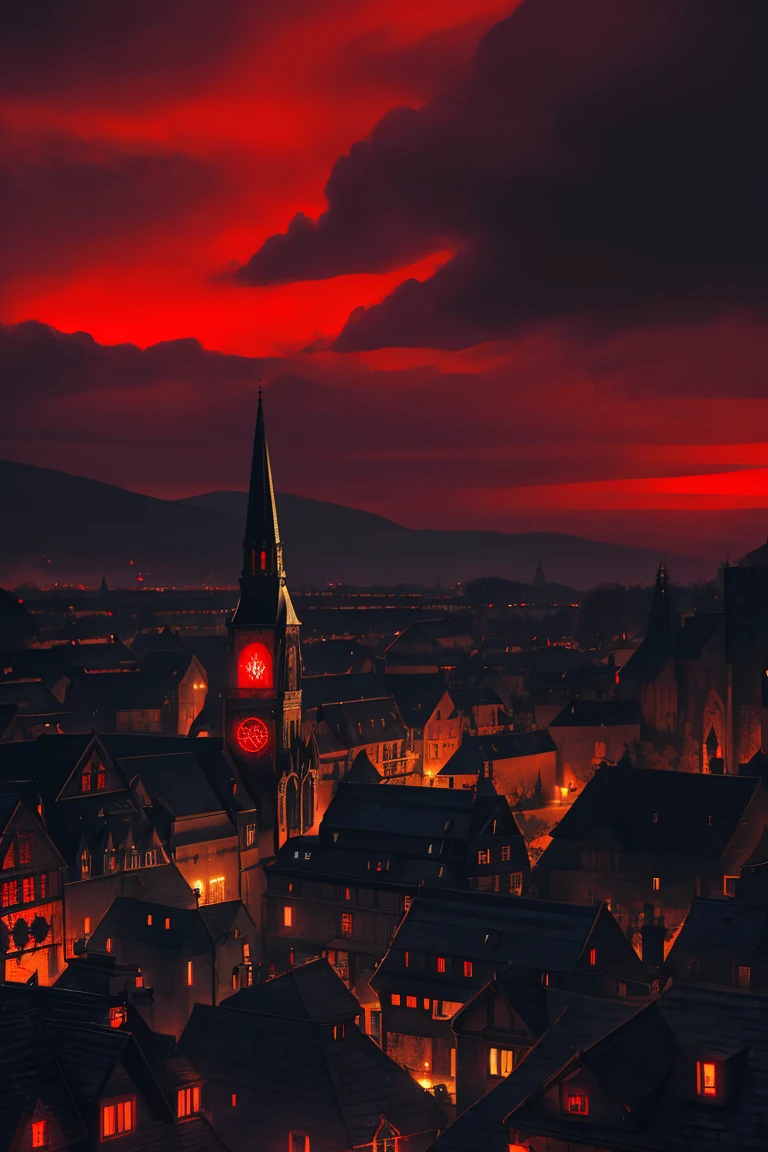 old European village shot with bird view, (Red glowing eyes), masterpiece, Depth of written boundary, Lutz, Gwaites style artwork, Gothic aesthetics, Dark Vampire village, ((in the dark gothic style cathle:1)), ((dark mid-night time:1.5)),