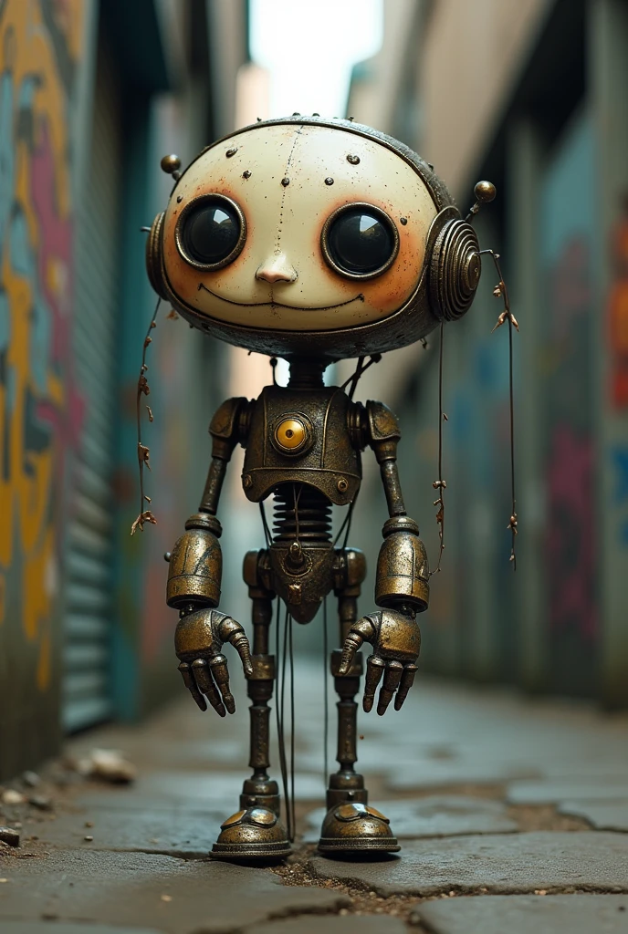 Mechanical Puppet, aesthetic, Cute, photorealistic, 8k resolution. Intricate details, HDR, beautifully shot, hyperrealistic, sharp focus,  megapixels, perfect composition, high contrast, cinematic, moody. graffiti art, splash intricate mech details, ground level shot, 8K re