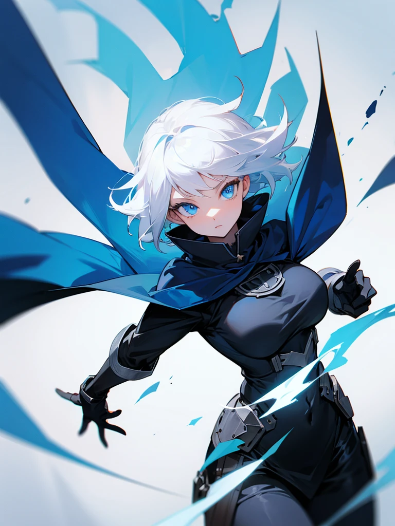Hot girl, white hair, blue eyes, black hero clothes, blue glove, blue cape
