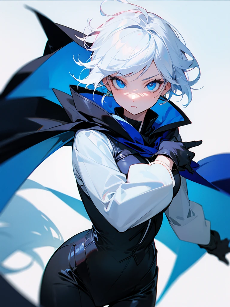 Hot girl, white hair, blue eyes, black hero clothes, blue glove, blue cape