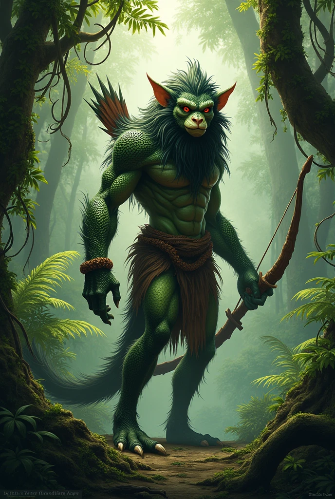 man in the jungle, large eyes, long wavy fur, loincloth, long arms, green skin, monkey tail and an arrow in his hand