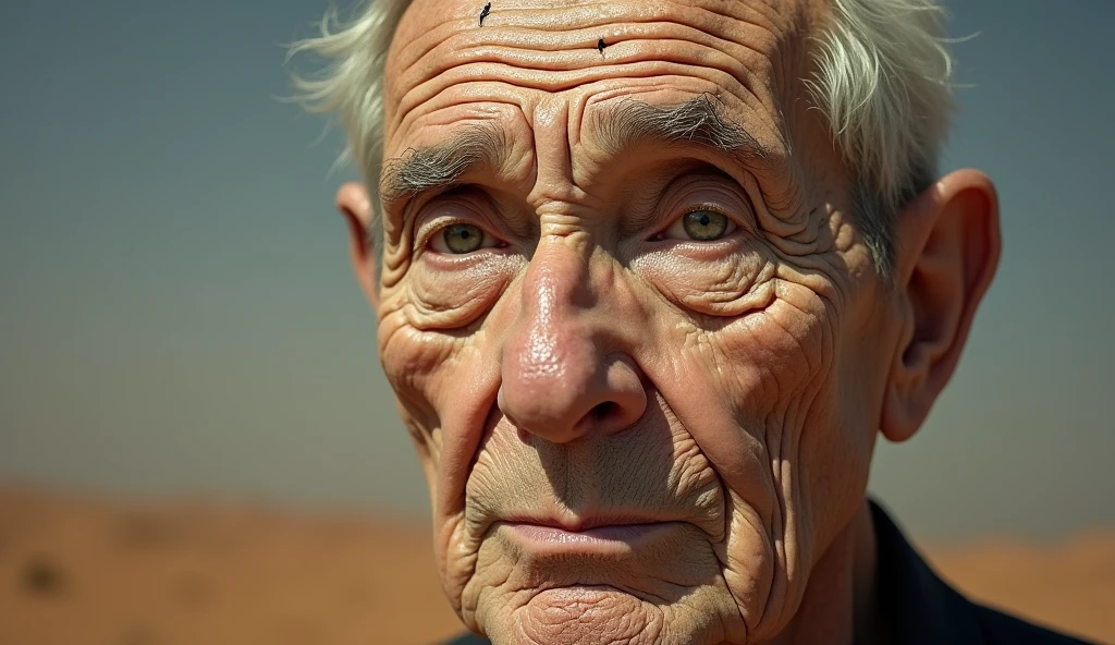 (Abstract portrait:1.3) of an elderly person, skin textured like a cracked desert landscape, (hyper-realistic wrinkle details:1.5), with miniature people traversing the wrinkles, extreme close-up on face, neutral studio background, dramatic side lighting, shot straight-on, using a Phase One XF IQ4 150MP, (tilt-shift effect:1.2), in style of (Erwin Olaf:1.4)