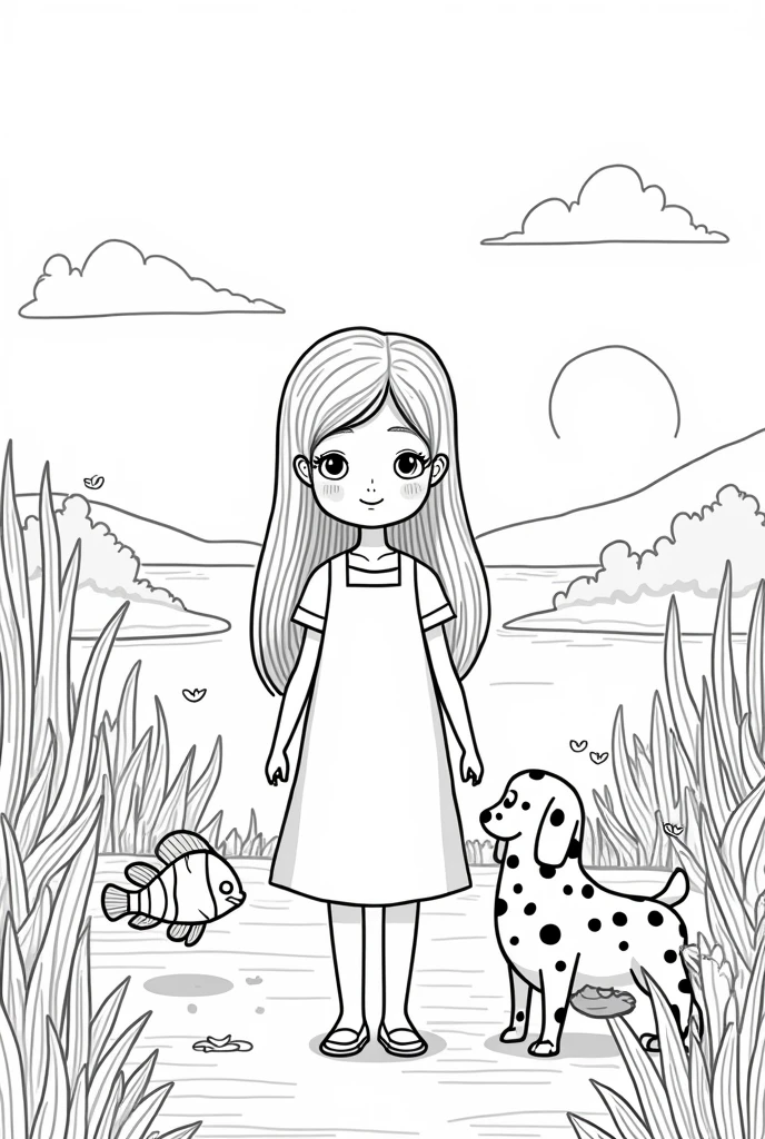 Image with black outline only, made to color, with a cutie in a dress and long hair, around 12 years old, accompanied by a clown fish jumping out of the lake, and a dalmatian puppy, all very cute Bobbie Goods coloring book style, in a minimalist garden, with sunset and a lake while having a picnic