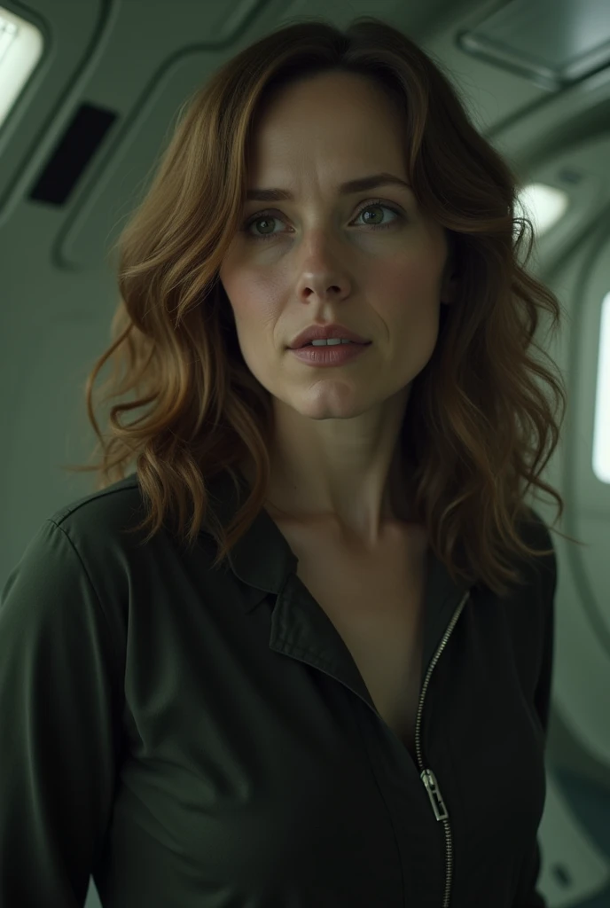 Sarah Paulson with brown hair and middle part, turning into an Alien 1979 movie alien, obscure, morphing horror, body horror, cinametic, scary, landscape, spaceship interior
