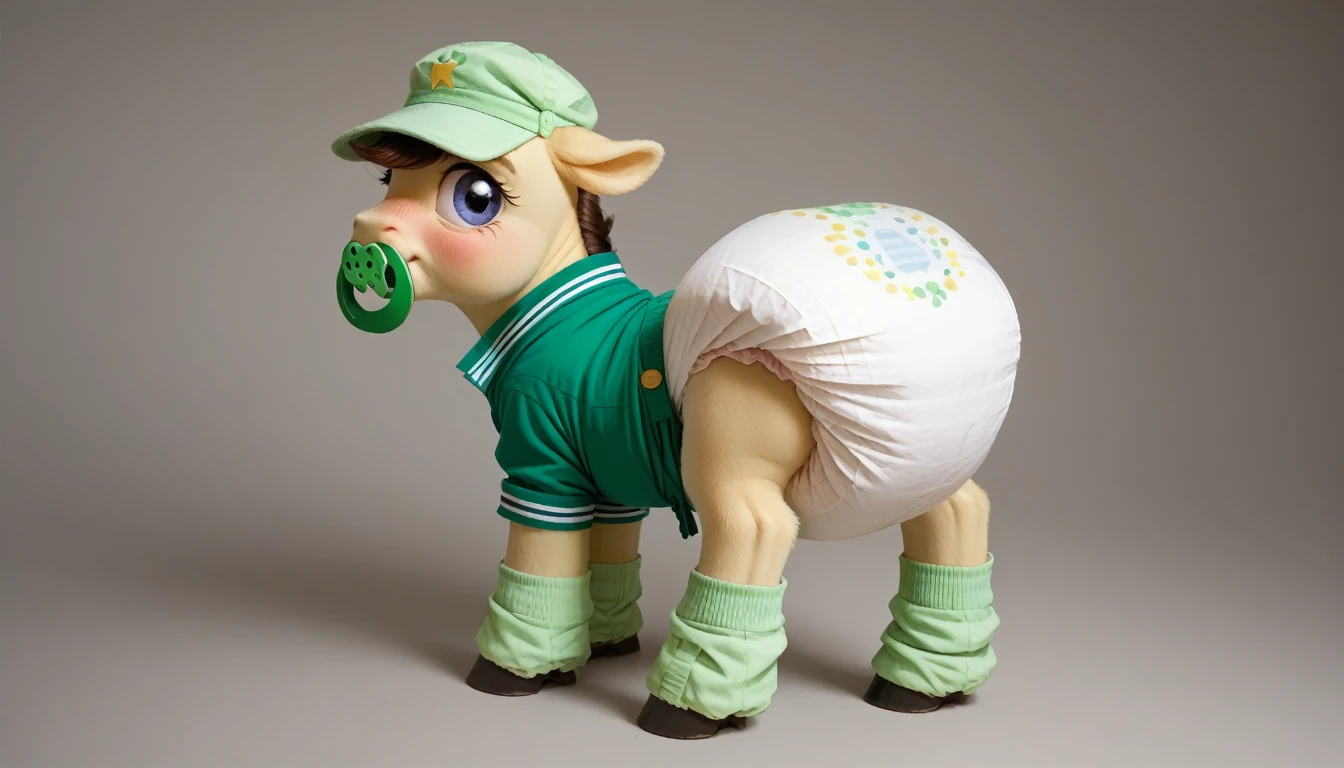 pony, бежевая земная pony, no horn, no wings, adult mare, stands on four hooves, rear hooves spread wide apart, dressed in a green romper, light green cap and green booties, green pacifier in mouth, solo, thick diaper under clothes, bulge on the back of the diaper, between the hind hooves and on the front of the diaper, saggy diaper, pink blush on cheeks, Embarrassment, Awkwardness.