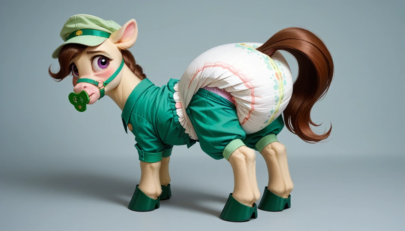 pony, бежевая земная pony, no horn, no wings, adult mare, stands on four hooves, rear hooves spread wide apart, dressed in a green romper, light green cap and green booties, green pacifier in mouth, solo, thick diaper under clothes, bulge on the back of the diaper, between the hind hooves and on the front of the diaper, saggy diaper, pink blush on cheeks, Embarrassment, Awkwardness.