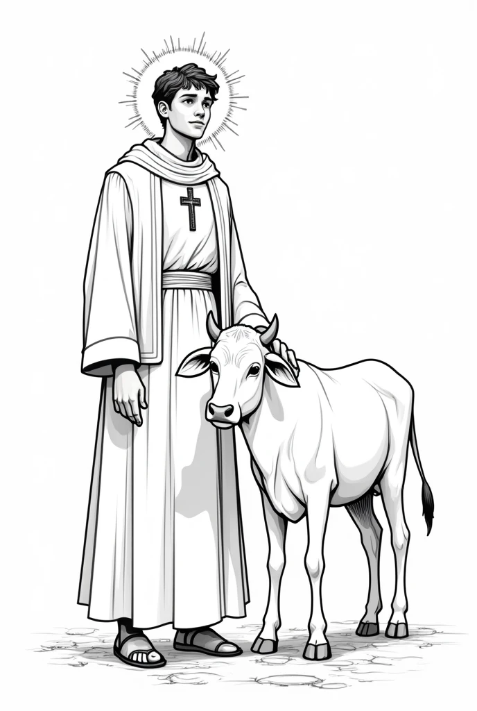 Create an image with Saint Carlo Acutis , with a cow, all drawn, in black and white colors 
